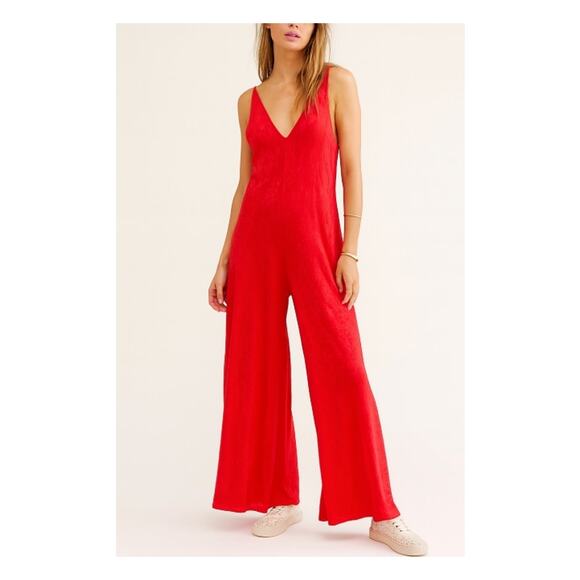 Free People Wide Leg Jumpsuit Red Size XS Satin Red - Picture 1 of 8